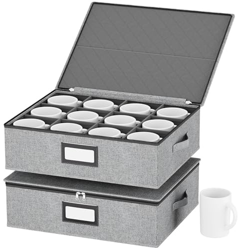 homyfort Mug Storage Box with Dividers, China Coffee Mug Storage Containers Holder Organizer Hard Shell, Service for 24 Coffee Mugs or Tea Cups (Grey)