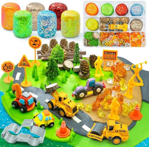 SIMPLIPLAY Construction Sensory Kit with 6 PCS 18oz Glitter Doughs | Color Dough Set & Accessories(About 80pcs), Construction Boy Sensory Kit with Toy Trucks for Kids Toddlers Creative Gift