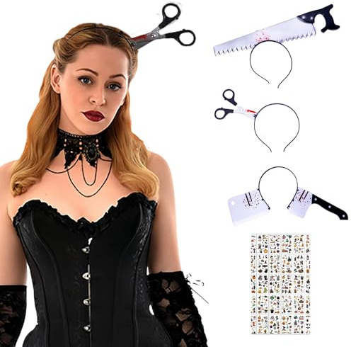 Kiuiom Fascia Insanguinata,Fascia Spaventosa di Halloween con Accessori Come Forbici,Ascia e Coltello,30 Tatuaggi Temporanei,Donne e Uomini,Adatto per Halloween,Carnevale,Cosplay,Festa Horror