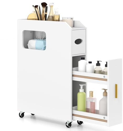 LIFEZEAL Badezimmerschrank klein, Nischenschrank mit Toilettenpapier-Box, Bürstenhalter & Schublade, Badschrank Nischenregal schmal für Waschküche, Wohnzimmer, Badezimmer (Weiß)