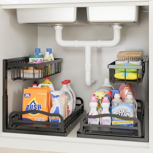 ViviDreamore 2 Pack Under Sink Organiser, 2 Tier Sliding Metal Kitchen Storage Organiser, Under Cabinet Organiser Shelf for Bathroom, Pull-Out Organizer with Sliding Basket, Adjustable Height Black
