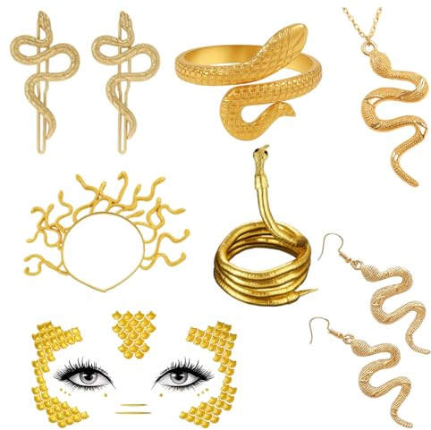 Qnvyw Medusa Kopfschmuck, Medusa Kostüm Damen 7-teiliges Set mit Schlangen Haarschmuck, Halskette, Ohrringen, Ring und Gesichtstatoo, Griechische Göttin Kostüm Accessoires für Halloween und Karneval