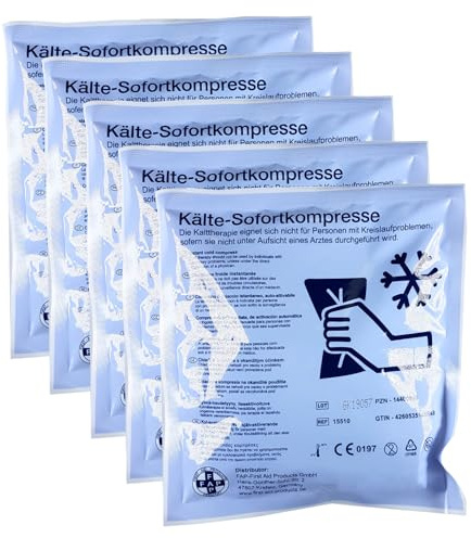 First Aid Products Kälte-Sofort-Kompresse 15×17 cm – 5er Vorteilspack – Kühlpack ohne Gefrierfach, sofort aktivierbar – Einweg Kühlkompresse für Erste Hilfe, Sport & Betrieb – 5 Stück