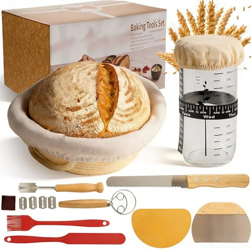 ASOBEAGE Sourdough Starter Kit – 11-Pcs Bread Making Set with Bread Knife, 9 Banneton Basket with Liner, Glass Starter Jar, Dough Whisk & Scrapers for Beginner Bakers