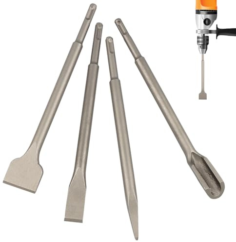 SDS Plus Masonry Chisel Set, 4 pcs Tile Removal Chisel Bits for SDS Plus Rotary Hammer Drill Attachments, Home Improvement Tile Grooving Scraping Flat Point Scaling Chisels (COLOR:Silver)