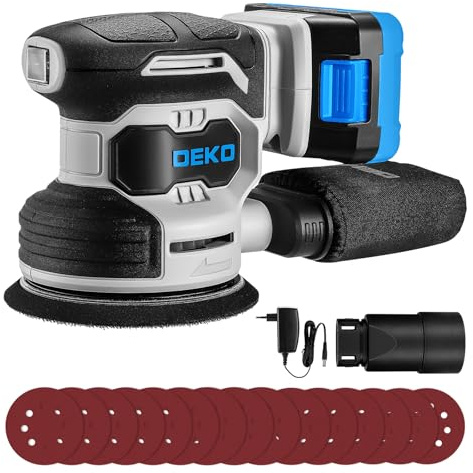 DEKOPRO Trådlösa excentriska slipmaskiner med 1 x 2 000 mAh batterier, 125 mm slipmaskin 13000 RPM träslipmaskin, med dammpåse och 15 sandpapper, gråblå