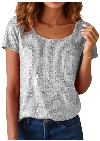 Glitzer T-Shirt Damen Pailletten Oberteil Bluse Modisches Kurzarm Glitzer Tops Rundhals Tunika T-Shirt Tops Freizeit Party Festival Club Bluse Top Karneval Kleidung Streetwear