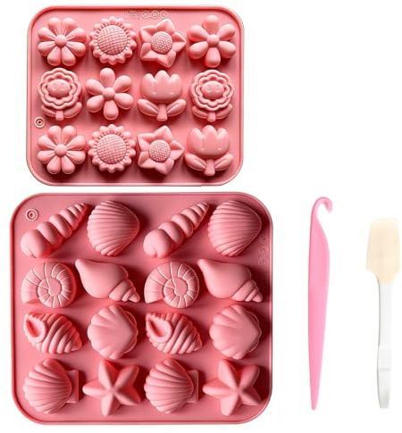 2 Stück Antihaft Schokoladenform Silikon Muschelförmige Pralinenform Mit 1 Spatel 1 Entformungsmesser Bonbon Formen Siliko Blumen-silikonformen Seifen Formen zum Gießenfür DIY Süßigkeiten Gelee
