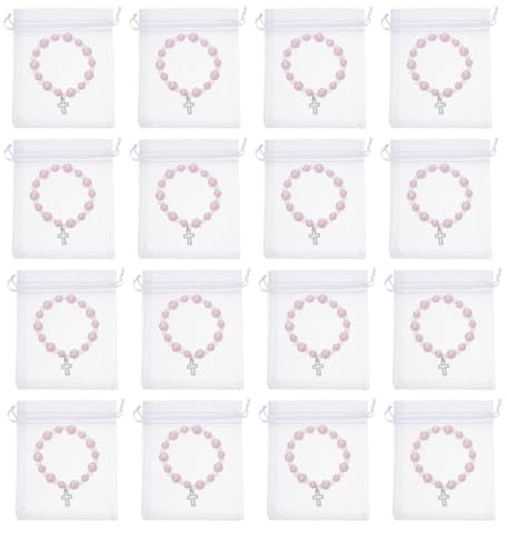 FUTUREORYY Set Bomboniere Battesimo con Braccialetti Rosario in Perle Finte e Sacchetti Organza Argento 40 Pezzi per Battesimo, Prima Comunione e Matrimonio Cattolico