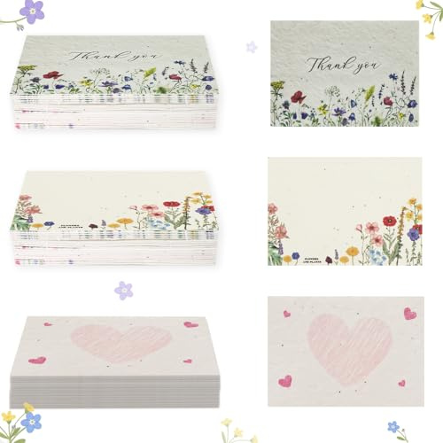 60 stycken handgjorda gratulationskort gjorda av fröpapper, planterbart papper för vilda blommor inbjudningar, tackkort inbäddade återvunna blomhängen för bröllop, presenter, födelsedagar, fester