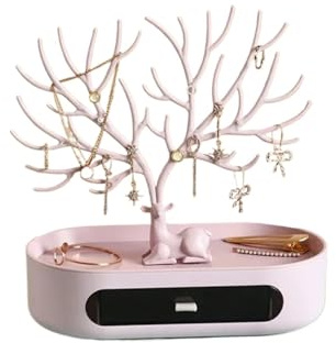 QAUUCP Smyckesträd stativ smyckesställ, halsband, ringar, armband, hjort, arrangör, fodral, stativ, bricka, träd, presenter till kvinnor (färg 3)