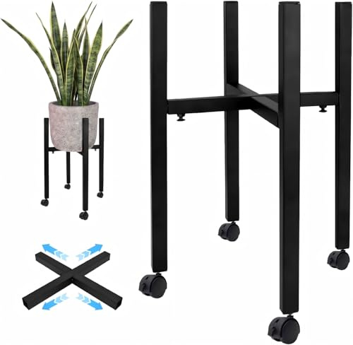 SZKKQKJ Verstellbarer Pflanzenständer-Blumenständer Metall Schwarz mit 4 Umlenkrollen für 24-38 cm Verschiedene Topfgrößen Blumenhocker Pflanzenhocker für nnenräume und Außenbereich