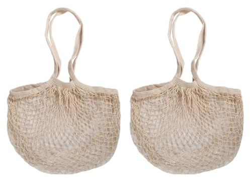 2 Pack String Bags Reusable Cotton Mesh Shopping Bags for Fruit and Vegetables Woven Net Grocery Tote with Long Shoulder Handles Washable Produce Carrier for Supermarket Hauls and Market Stalls