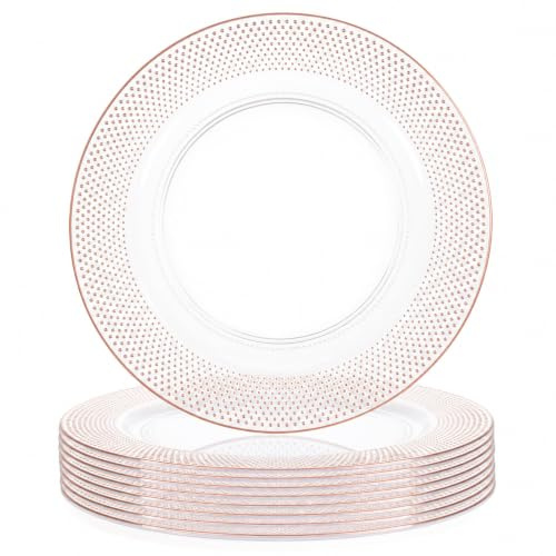 Tomeurperf 10Pcs Clear Charger Plates Bulk Wedding - 13 Premium Clear Plastic Chargers with Pink Beaded, Decorative Dinner Charger Plates for Events & Parties