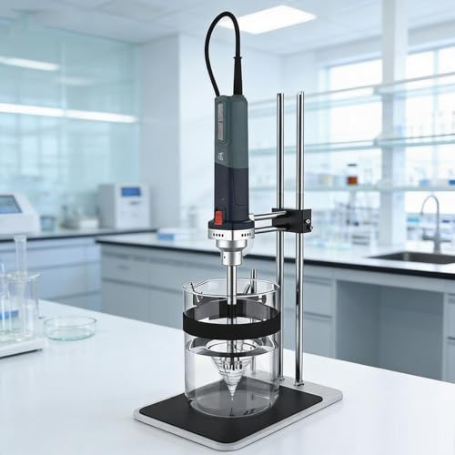 Handhållen homogeniseringsmaskin med stativ, 250-5 000 ml bearbetningskapacitet, maxhastighet 30 000 rpm, idealisk för kosmetika, beläggning, massa, dagliga kemikalier