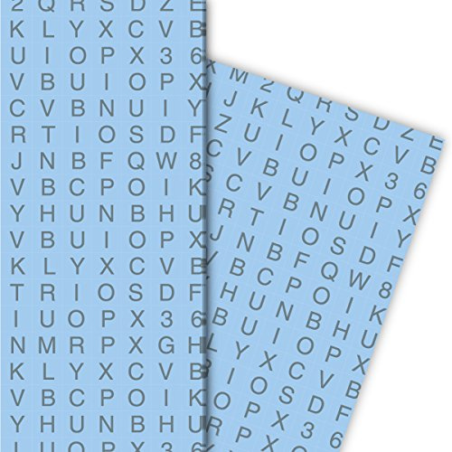 Modernes Alphabet Geschenkpapier hellblau, auch zur Einschulung, zum Schulanfang 32 x 48cm (4 Bögen) Dekorpapier, Papier zum Einpacken, für tolle Geschenk Verpackung und Überraschungen