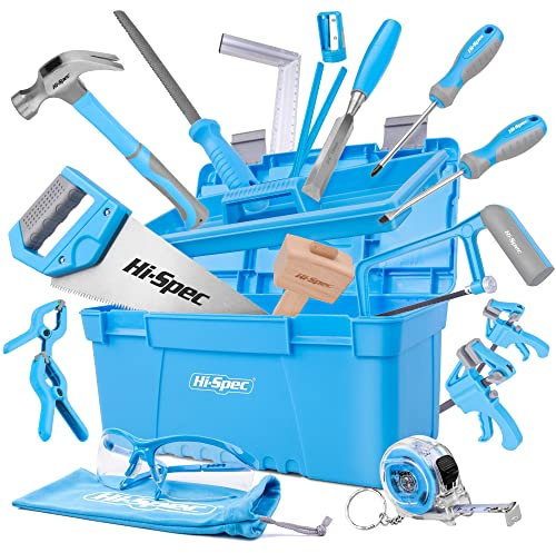 Hi-Spec 25 tlg. Werkzeug-set für Anfänger mit Werkzeugkasten, Holzschnitzwerkzeug, Holzmeißel und Holzhammer, Handsäge, Bügelsäge und mehr für Kinder und junge Tischler