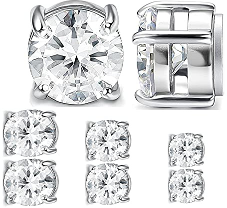 Vonchic 3 par kläm-på magnetiska örhängen för män kvinnor, rostfritt stål ingen piercing rund kubisk zirkonia klämma på falska örondubbar magnetörhängen för män 10 mm 8 mm 6 mm herrörhänge, Kristall