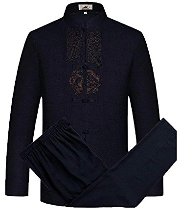 G-LIKE Herren Kung Fu Anzug - Traditionelle Chinesische Tangzhuang Kleidung Kampfkunst Tai Chi Wushu Wing Chun Lange Ärmel Jacke und Hose Orientalische Muster Stoffdruck Uniform (Blau, M)