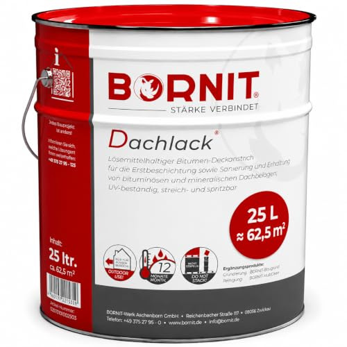 BORNIT Dachlack Dachabdichtung Bitumen Anstrich UV-beständig [haftstark]25L | lösemittelhaltiger Dachanstrich Dach Gartenhaus Haus Dachpappe Garage Flachdachabdichtung Carport Beton Vordach