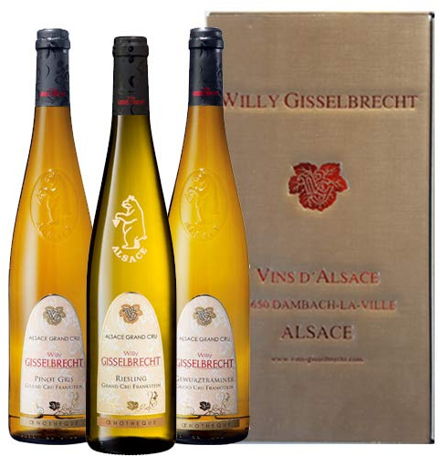 Coffret Cadeau vin 3 bouteilles Grand cru d'Alsace riesling, Pinot-gris et Gewurztraminer Gisselbrecht - bouteillles de 750 ml
