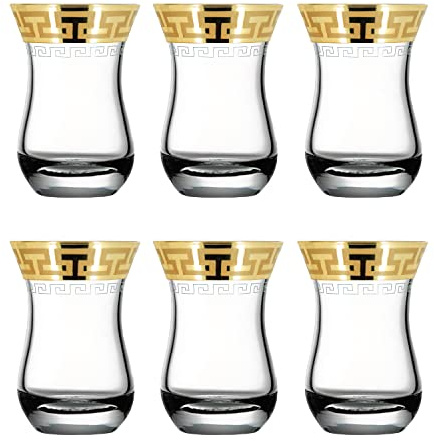 Turkish Tea Cups Set of 6 with Gold Rim/Oriental Traditional Clear Tea Glasses/Arabic Tea Cups/Green Herbal Tea/Expresso Shot (6 Piece) Gift Set - 100ml 10cl (Gold Greek Ornament)