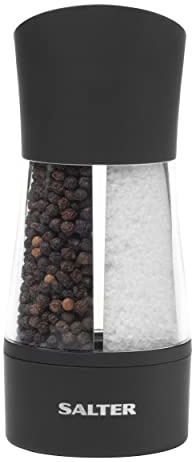 Salter 7612 BKXRA Dual Salt & Pepper Grinders - 2-in-1 Compact Design, Refillable Spice Grinder Set, Adjustable Fine/Coarse Grinding, 75g Salt & 30g Peppercorns, Ceramic Mechanism, Twist to Grind