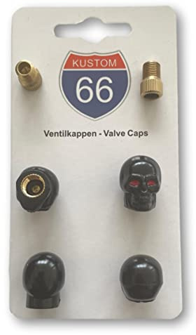 4er Set Ventilkappen + 2 Fahrradadapter - Totenkopf v2 Schwarz - für jedes Auto, Motorrad und Fahrrad geeignet