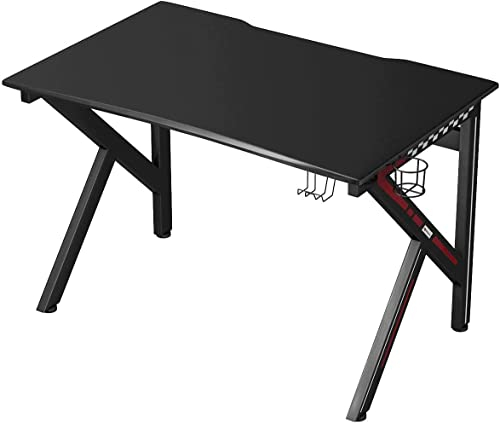 GIANTEX Gaming Tisch, K-förmiger Computertisch PC Gamer Tisch mit Kopfhörerhaken & Tassenhalter & Kabelmanagement, Schreibtisch PC Arbeitsplatz Gamingtisch schwarz