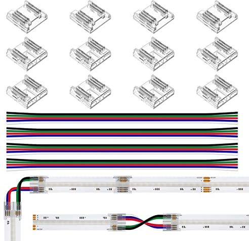 BTF-LIGHTING FCOB RGBW 5pin 12mm Connector kit 16 Stück | 12 transparente Verbinder + 4 Kabel 15cm/24AWG, Für Draht-zu-Board/Board-zu-Board, spaltfreies Löten & 5pin Eckenanschluss