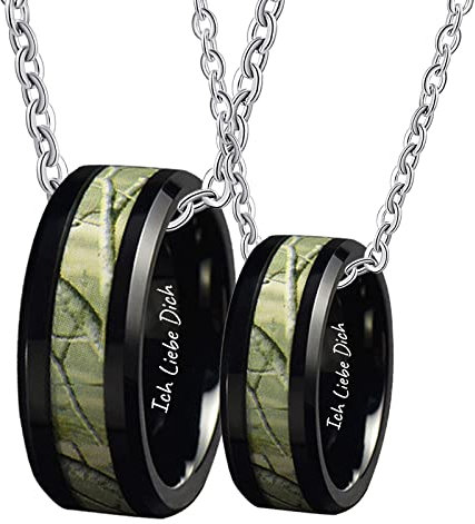 AMDXD Paar Halsketten für Sie und Ihn Wolfram mit Gravur Ich Liebe Dich, Zweig Muster Partner Ketten für Sie und Ihn 2pcs mit Ringe Anhänger, Schwarz, Breite 8MM Länge 60cm/ 50cm