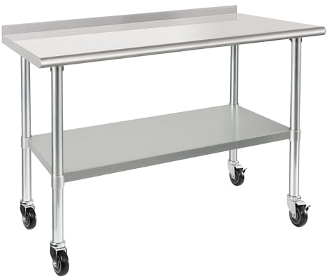 HARDURA Stainless Steel Table 24 x 48 Inches with Wheels Casters NSF Heavy Duty Commercial Prep Table with 2” Backsplash and Adjustable Undershelf for Restaurant Kitchen Home and Hotel