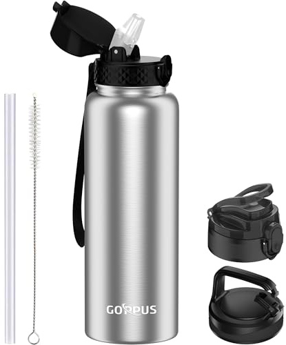 GOPPUS 1.2L/40oz Borraccia Inossidabile con Cannuccia Borraccia per Acqua Termica Fredda Borracce in Acciaio Doppia Parete Borracce Isolate Tenuta Stagna Borraccia per Adulti Flip Top con 3 Coperchi