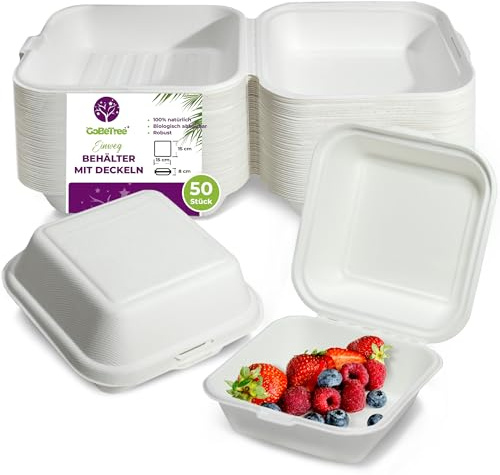 GoBeTree 50 Box Asporto per Hamburger 15 cm con Coperchio Canna da Zucchero | Contenitori asporto cibo usa e getta, resistenti all'olio, adatti a microonde e frigo, per hamburger, panini e dolci