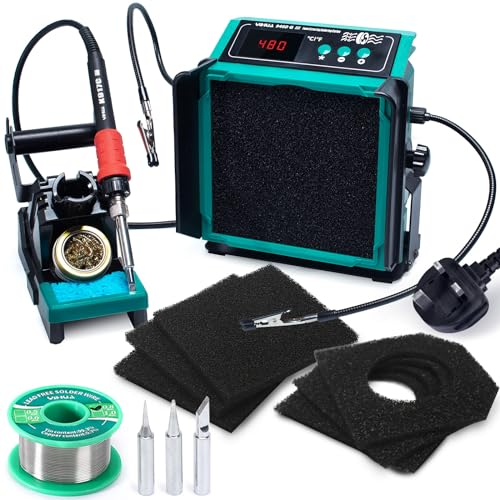 YIHUA 948DQ-III 2-IN-1 Solder Fume Extractor Fan 110W Soldering Station Kit Smoke Remover Tiltable Angle Temp Display w Helping Hands Iron Holder Extra Iron Tips Filters Lead-Free Solder Wire(UK Plug)