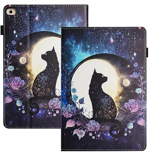 LSPCASA Hülle für iPad 9.7 Zoll 2018/2017, 6./5. Generation PU Leder mit Stanfunktion und Kartenfächern Schutzhülle Tablet Hülle für iPad 9.7- Mondkatze