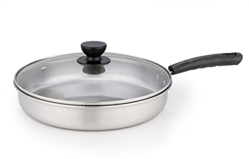 23/25/27 cm Edelstahl-Bratpfannen mit Glasdeckel, silberfarben, unbeschichtete Pfanne, Wok-Pfanne, Herd (Farbe: D, Größe: 27 cm)