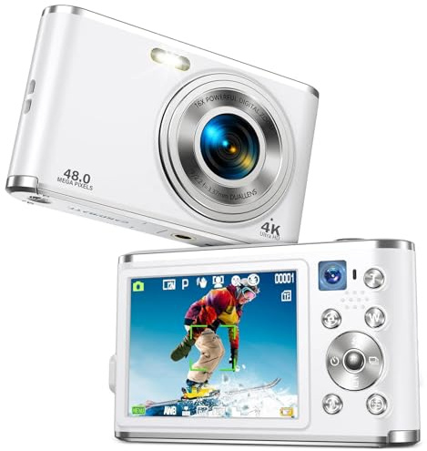 Digital Camera 4K, Ultra HD 44MP 2.4 IPS Screen Rechargeable, Compact Camera with 16x Digital Zoom YouTube Vlog Camera for Kids, Adults, Beginners (White)