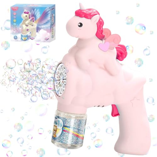 Seifenblasenpistole Kinder, Einhorn-Seifenblasenmaschine Gun, Automatische Seifenblasen Pistole, 10000+ Blasen/Minute Bubble Gun, mit 90 ml Seifenblasenlösung für Kinder/Geburtstagsgeschenke/Partys