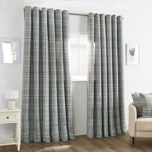 OHS Grey Eyelet Curtains for Living Room Bedroom, Soft Decorative Woven Check Blackout Thermal Curtains Modern Fully Lined Curtain for Window Treatment 2 Panel, 66 x 90