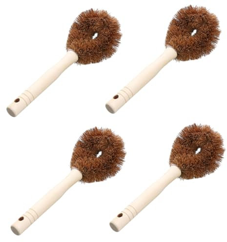 minkissy 4pcs Long Handle Coconut Coir Pot and Pan Cleaning Brush Kitchen Sink Scrub Brush Wooden Handle Oil-Resistant Kitchen Cleaning Tools for Dish and Surface Stain Removal