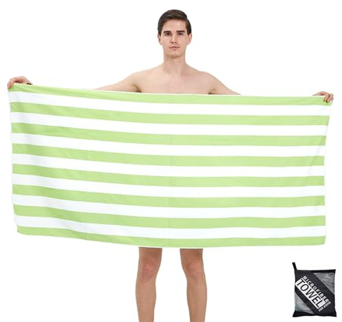Large Thin Microfibre Beach Towel with Bag for Adult Men Women,160x90cm Green Stripe Beach Towels Quick Dry Sand Free Lightweight Swim Bath Towel for Travel,Swimming,Pool,Holiday,Camping,Gym Sports