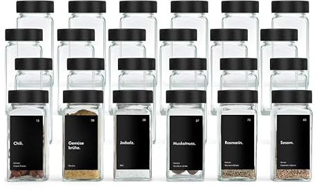 Gewürzgläser Eckig mit Etiketten Set 24er: Kleine Gewürzdosen Glas 120ml mit Streueinsatz Wasserfeste Labels - Aufbewahrung von Gewürzaufbewahrung für die Küche Schublade - Gewürzstreuer Schwarz