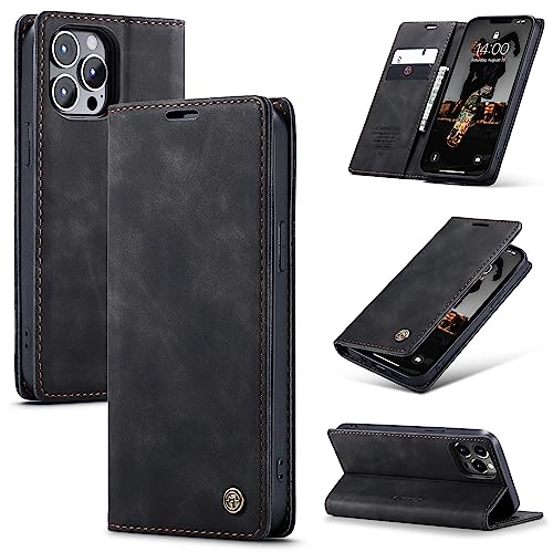owlhold Handyhülle für iPhone 13 Pro MAX Hülle, Premium Lederhülle Weiches Vintage-Nubukleder Faltbare Ständer Klapphülle Kartenfach Standfunktion stoßfest Schutzhülle für iPhone 13 Pro MAX -Schwarz