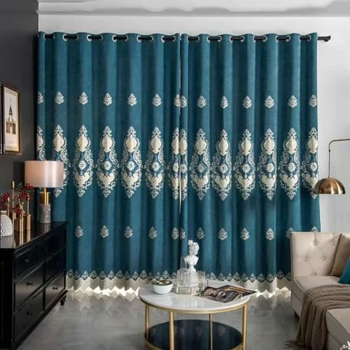 Beydodo Blau Gardinen Blickdicht 2er Set, Vorhänge Verdunklung Ösen Jacquard mit Blumen Motiv Nordisch 102x183CM Verdunkelungsvorhang Kinderzimmer Schlafzimmer Wohnzimmer