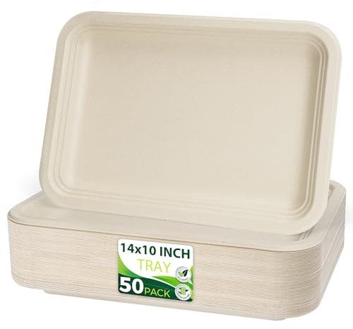 BIRCHIO 50 Pack Brown 14 Heavy Duty Disposable Rectangle Food Trays, Compostable Extra Large Paper Platter Plates Serving Crawfish, Lobster, Crab for Party, BBQ, Crawfish Boil Accessories