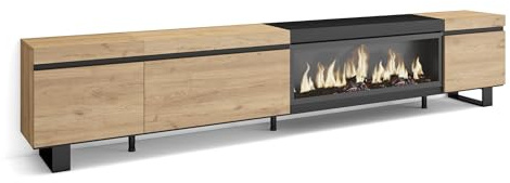 Skraut Home | Mueble TV | Televisión | Muebles de salón, almacenaje | 288x57x35 cm | para TV Gran Formato | Chimenea eléctrica XXL | Diseño Industrial | Estilo Moderno | Roble y Negro