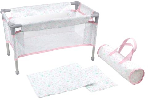 JC Toys - Berenguer Boutique | Travel Folding Crib - Playpen with Accessories | Pink Floral Collection | for Dolls up to 18 | Ages 3+