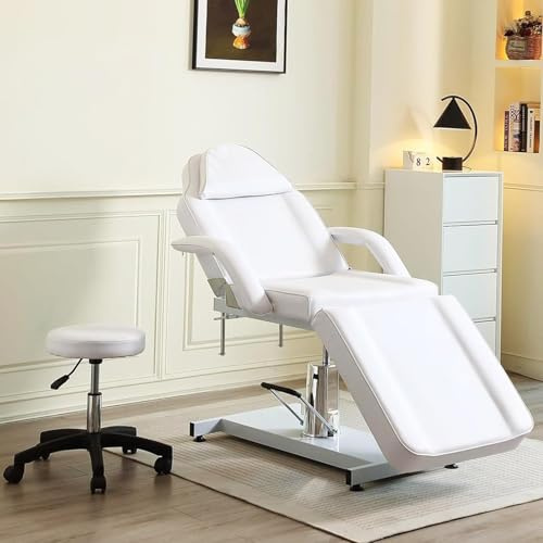 LSBIKE Hydraulic Beauty Bed with stool 360°Swivel Adjustable Massage Bed Reclining Salon Chair Lash Bed with Removable Armrests Headrest Massage Table Set for Spa Salon Tattoo Facial (White)
