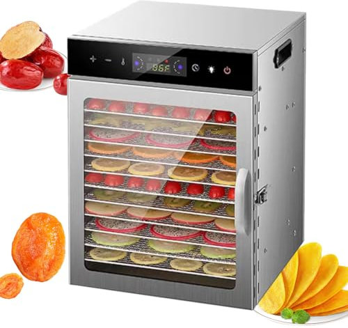 Déshydrateur alimentaire pour viande séchée, fruits, herbes, machine à déshydrater en acier inoxydable à plateaux, contrôle de la température, déshydrateur de fruits, livre de recettes inclus,12-Trays